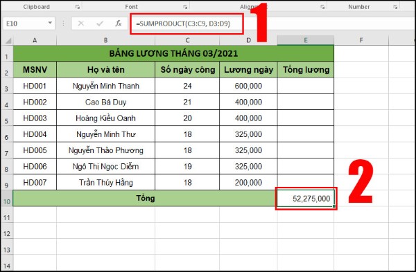 Nhập công thức =SUMPRODUCT(C3:C9, D3:D9)