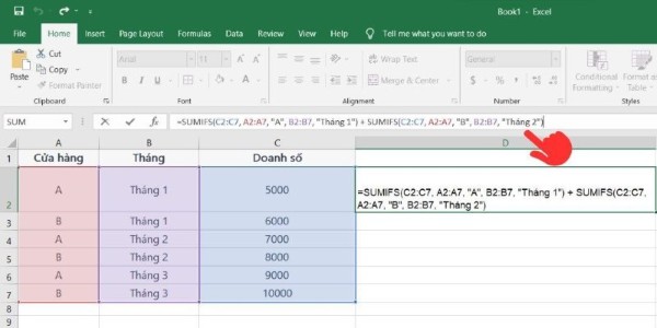 Nhập công thức =SUMIFS(C2:C7, A2:A7, "A", B2:B7, "Tháng 1") + SUMIFS(C2:C7, A2:A7, "B", B2:B7, "Tháng 2")