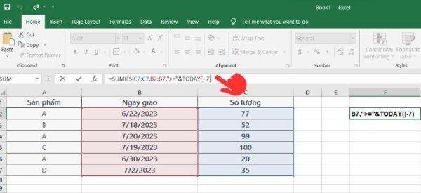 Nhập hàm =SUMIFS(C2:C9, B2:B9, "→="&TODAY()-7)