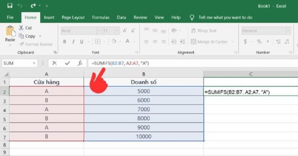 Nhập hàm =SUMIFS(B2:B7, A2:A7, "A")