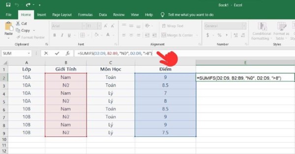 Nhập hàm =SUMIFS(D2:D9, B2:B9, "Nữ", D2:D9, "→8")