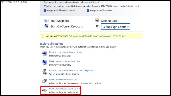 Chọn Make the keyboard easier to use