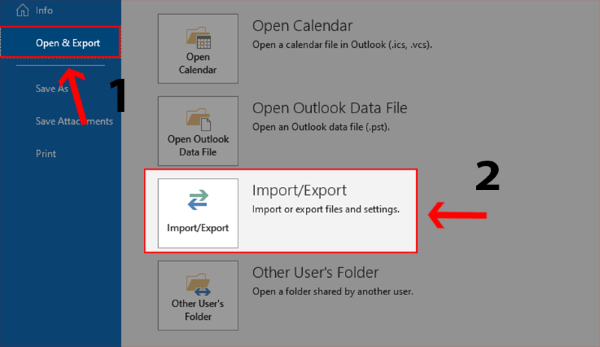 Chọn Open & Export → Import/Export