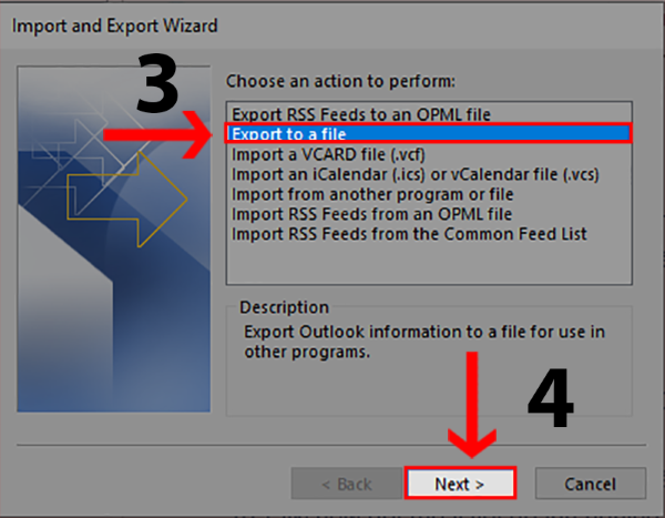 Chọn Export to a file và nhấn Next