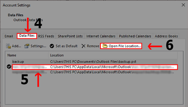 Mở tab Data Files, chọn tài khoản email cần sao lưu 