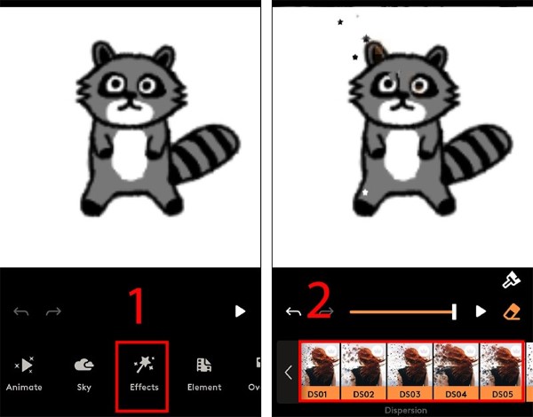 Mở vào phần Hiệu ứng và chọn mục Disperse