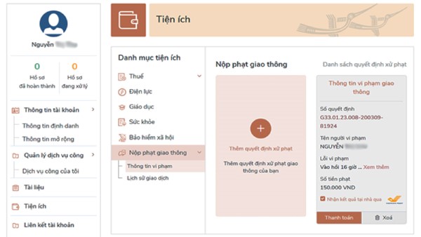Mở “Tiện ích” → chọn “Nộp phạt giao thông”