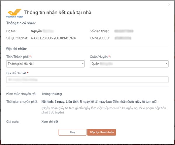 Hệ thống hiển thị các thông tin cá nhân, địa chỉ nhận mặc định