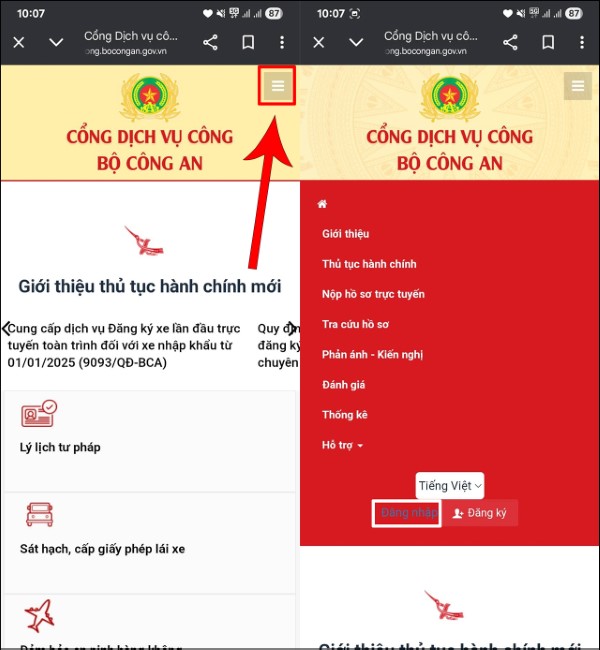 Nhấn biểu tượng ba dấu gạch ngang và chọn “Đăng nhập”