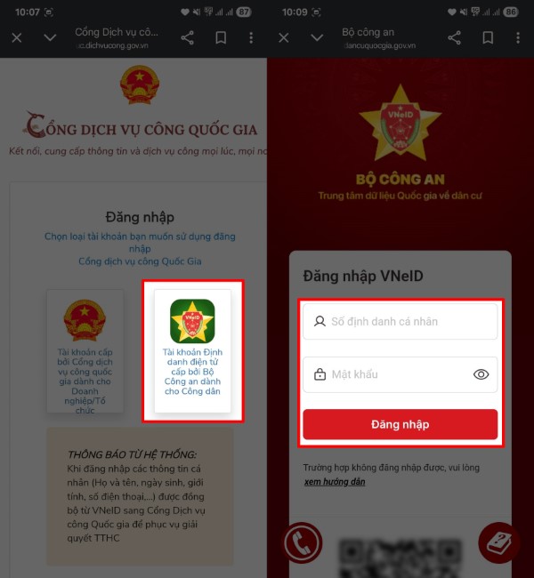 Đăng nhập bằng tài khoản định danh cá nhân