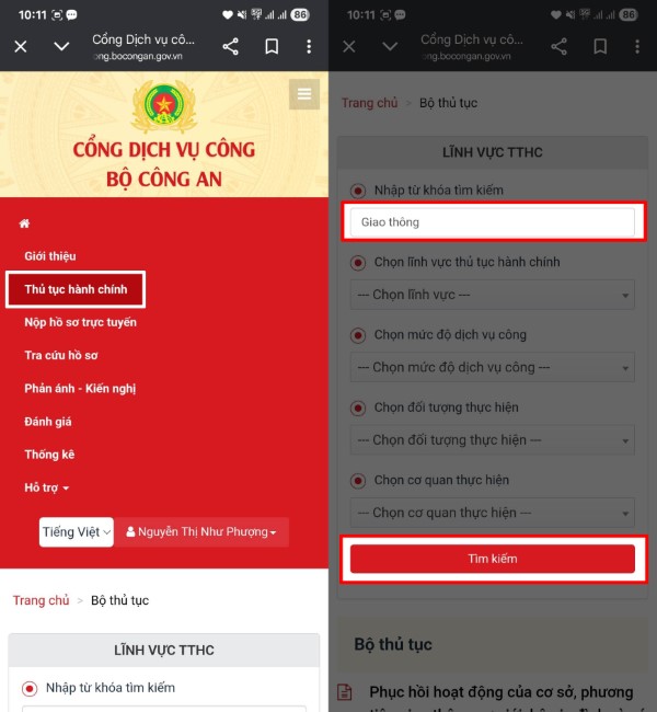 Chọn “Nộp phạt vi phạm hành chính trong lĩnh vực giao thông”
