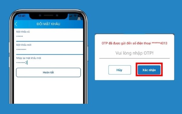 Nhập mật khẩu hiện tại, mật khẩu mới và xác nhận lại