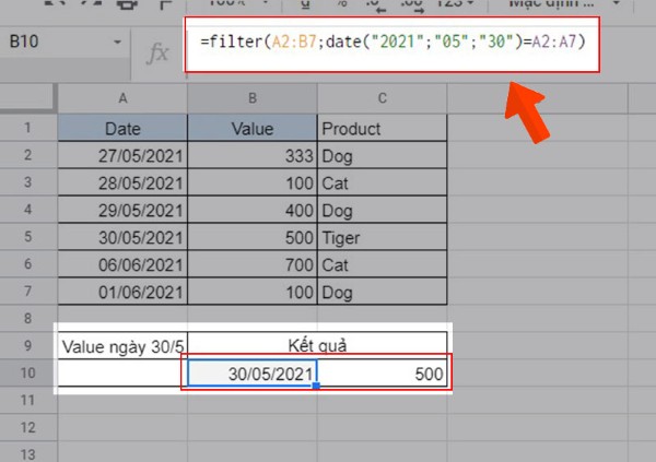 Sử dụng hàm FILTER để lọc dữ liệu theo ngày tháng năm trong Excel