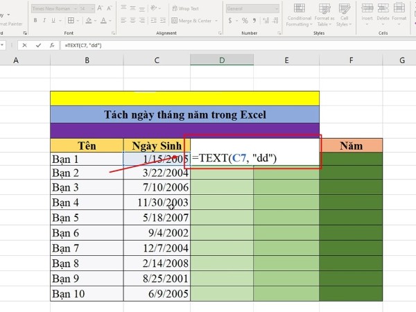 Nhập công thức: =TEXT(C7, "dd") để hiển thị hai chữ số cho ngày