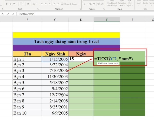 Nhập công thức: =TEXT(C7, "mm")
