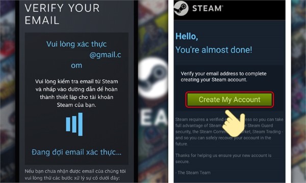 Điền email và đợi Steam gửi về thư xác minh đến hộp thư