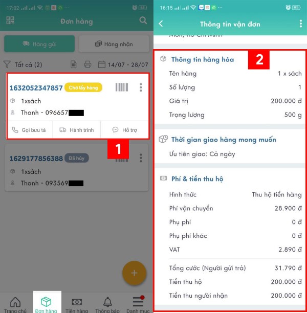 Nhấn vào mục “Đơn hàng” để xem danh sách các đơn hàng