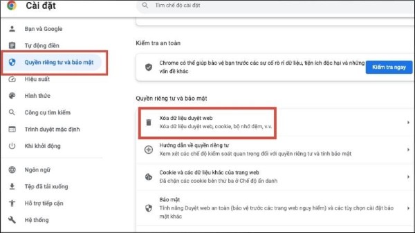 Nhấn vào Xóa dữ liệu duyệt web