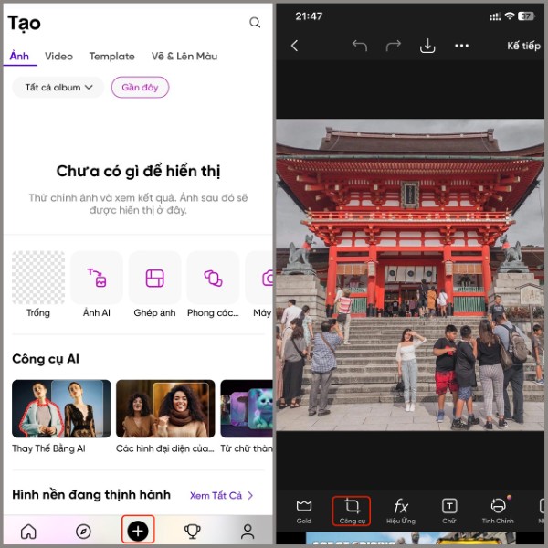 Nhấn dấu "+" và chọn hình ảnh muốn chỉnh sửa