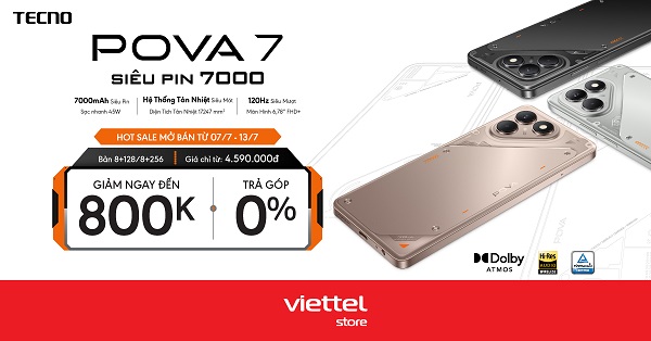Hotsale mở bán TECNO POVA 7 giảm ngay đến 800.000đ, trả góp 0%
