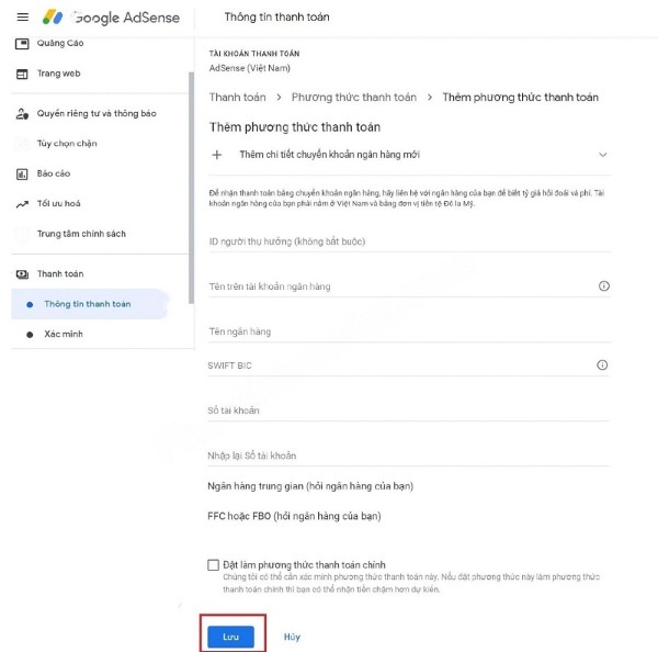 Cung cấp các thông tin thanh toán theo yêu cầu và nhấn Lưu