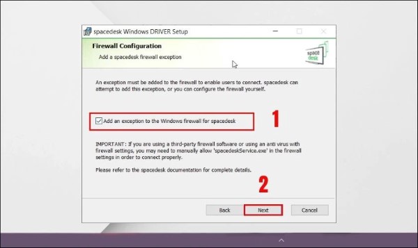 Nhấn chọn Add an exception to the Windows firewall for spacedesk