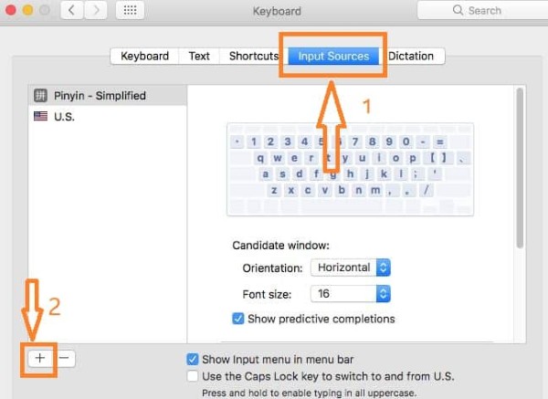 Nhấn dấu "+" trong tab Input Sources