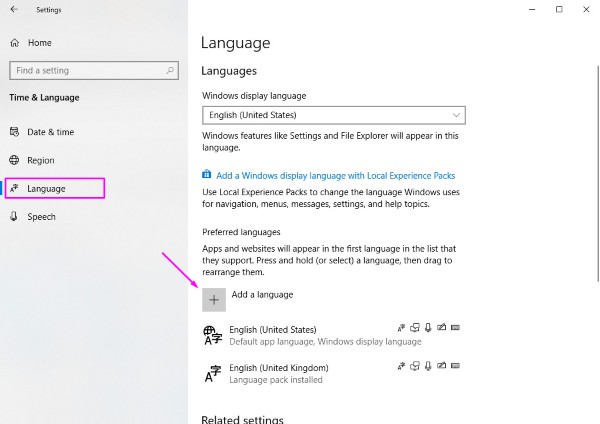 Nhấn Add a language