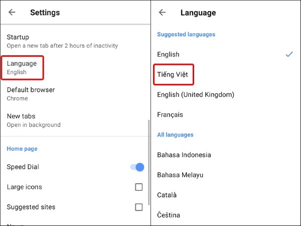 Chọn “Tiếng Việt”