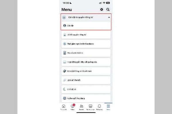 Chọn Cài đặt & Quyền riêng tư > Cài đặt