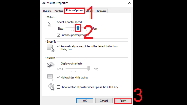 Chọn tab Pointer Options