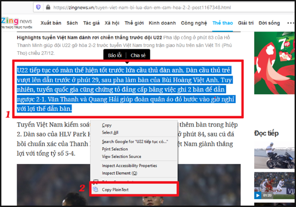 Bôi đen văn bản và chọn Copy Plain Text