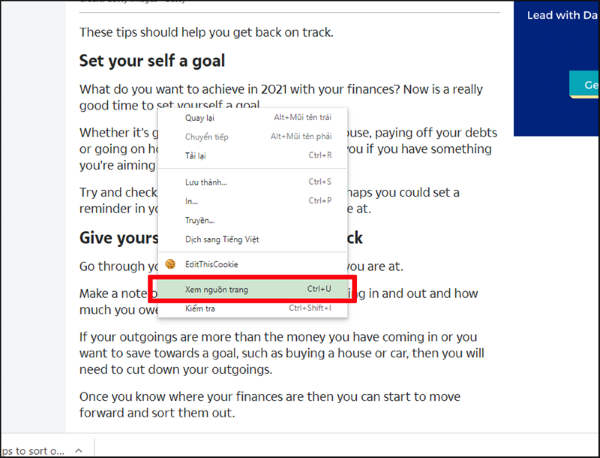 Nhấn Ctrl + U để xem mã nguồn