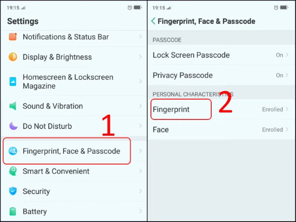 Chọn Fingerprint, Face & Passcode