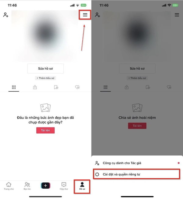 Nhấn biểu tượng ba dấu gạch ngang > chọn Cài đặt và quyền riêng tư