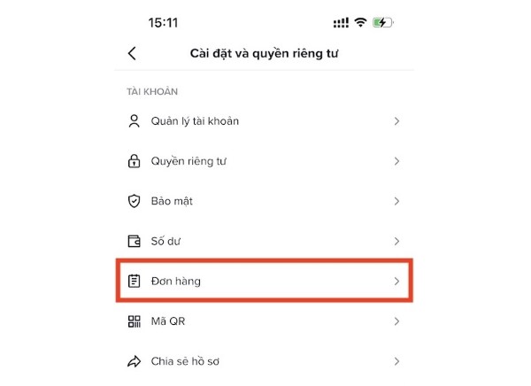 Chọn vào mục Đơn hàng