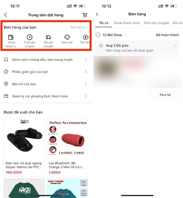 Nhấn Xem tất cả để kiểm tra đơn đã đặt