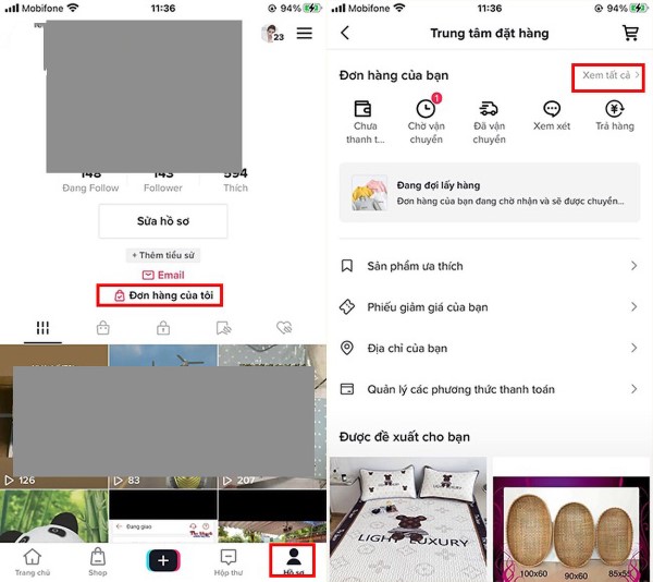 Chọn mục Đơn hàng của tôi