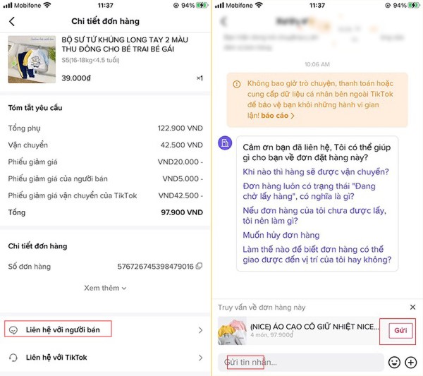 Gửi tin nhắn đến shop để hủy đơn hàng