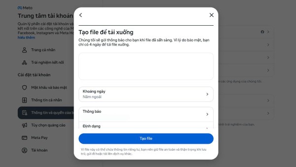 Facebook sẽ gửi file về email