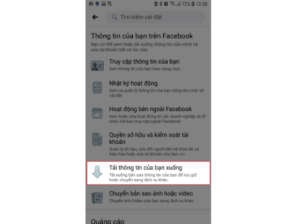 Mở mục Tải thông tin của bạn xuống