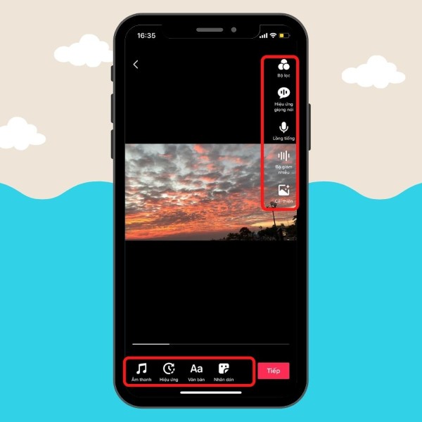 Chọn thêm hiệu ứng, bộ lọc, giọng nói, nhãn dán, văn bản,...