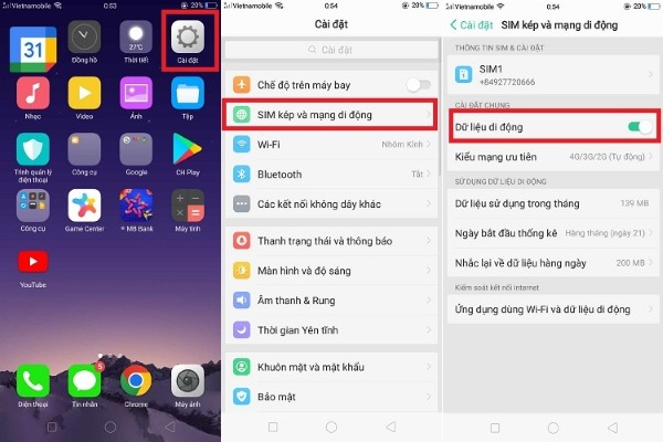 Kích hoạt mục Dữ liệu di động
