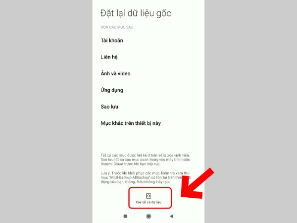 Chọn Xóa tất cả dữ liệu