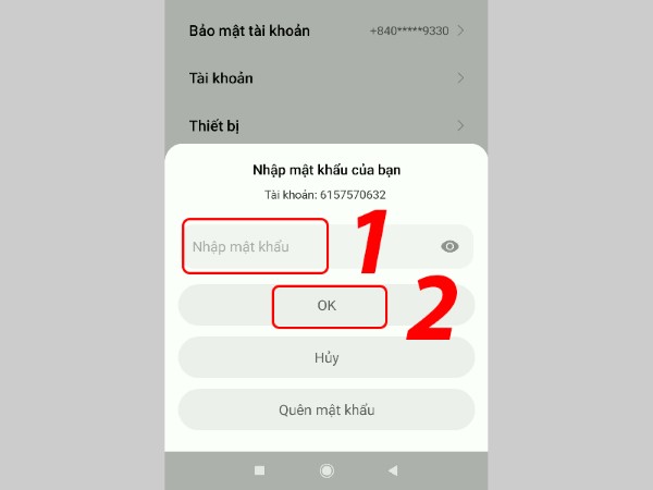 Nhập mật khẩu xác thực tài khoản Mi và nhấn OK