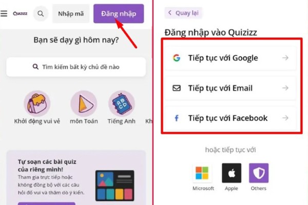 Chọn Đăng nhập qua Google, Email, hoặc Facebook