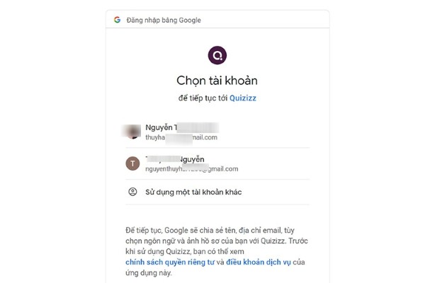 Chọn một tài khoản và nhấn Tiếp tục