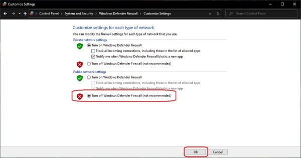 Chọn Turn off Windows Defender Firewall