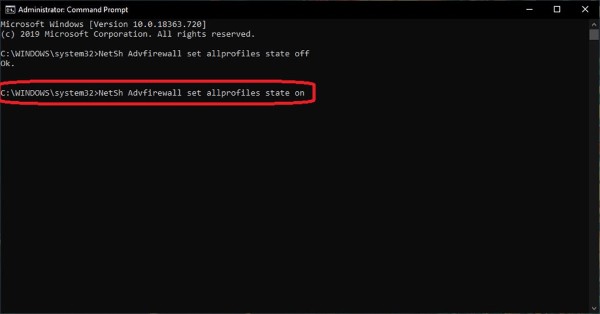 Nhập dòng lệnh: NetSh Advfirewall set allprofiles state off