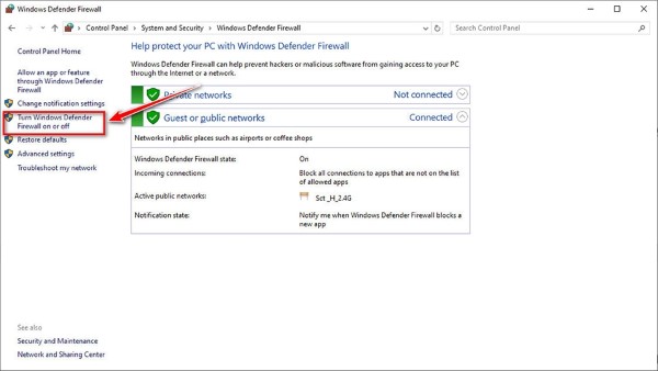 Chọn Turn Windows Defender Firewall on or off
